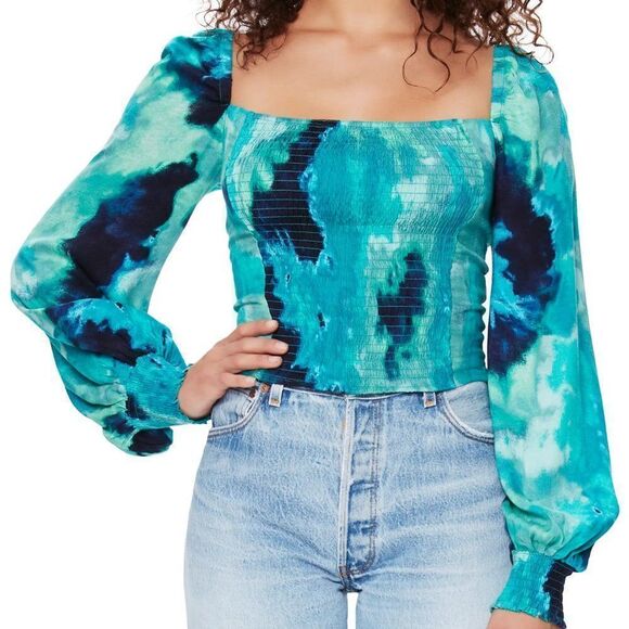 AFRM Bardot Tie Dye Smocked Square Neck Top size Medium in Teal - Picture 1 of 13
